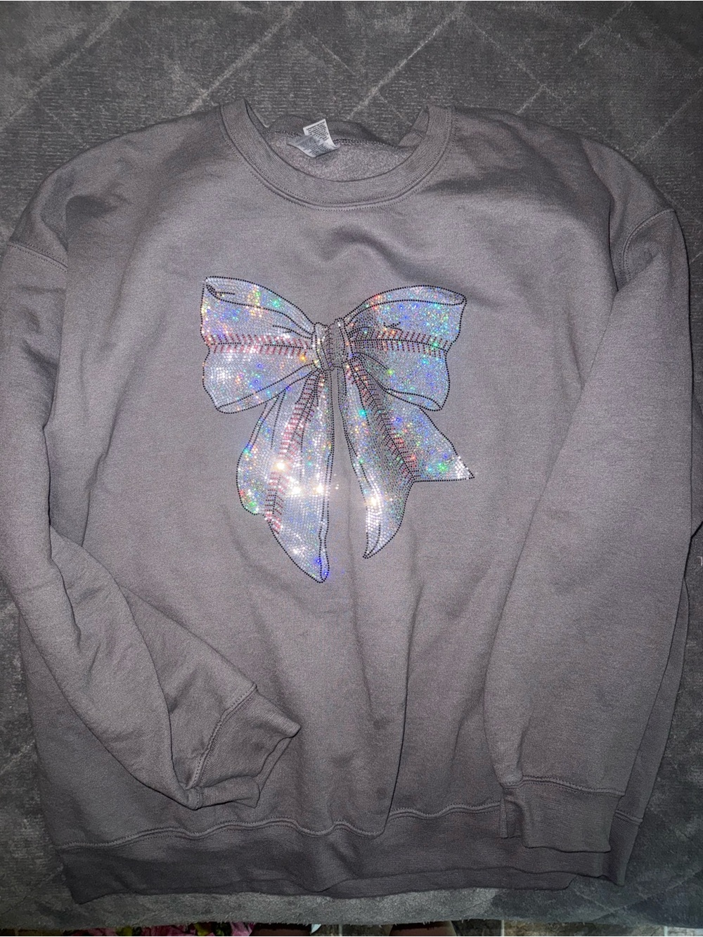 Gray Women's Crewneck Sweater with Holographic Bow